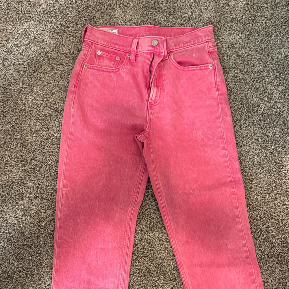 GAP Women's Vibrant Pink Straight Leg Jeans with frayed bottom